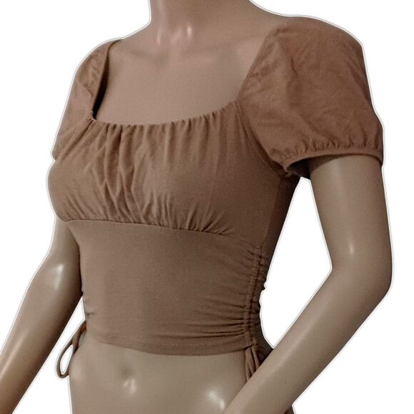 Y2K Hollister Milkmaid Top XXS Babydoll Cropped Ruched Coquette Puff Sleeves Tan - Picture 5 of 16